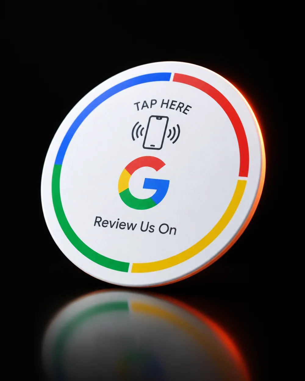 Disco de avaliações NFC redondo da Brandable com anel nas cores do Google e convite para tocar